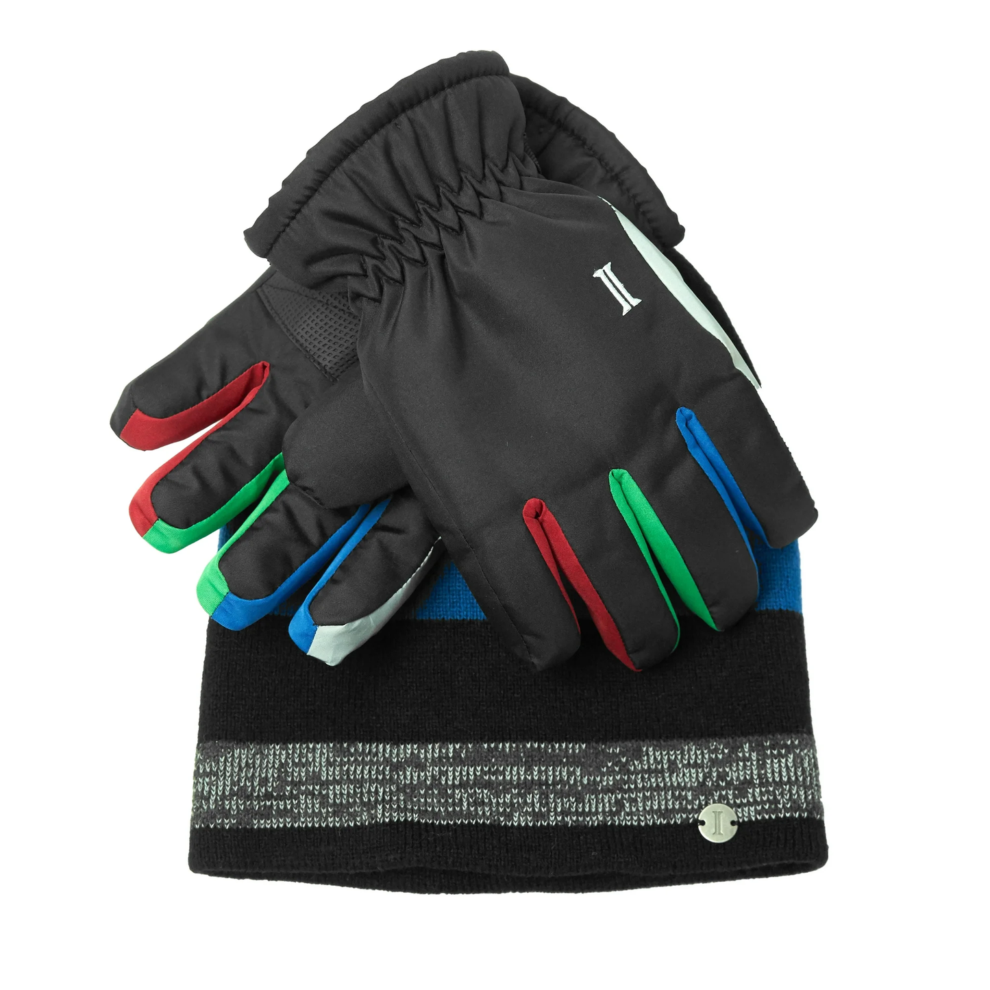 Boys Striped Reflective Beanie Winter Hat and Ski Glove 2-Piece Set ZB106