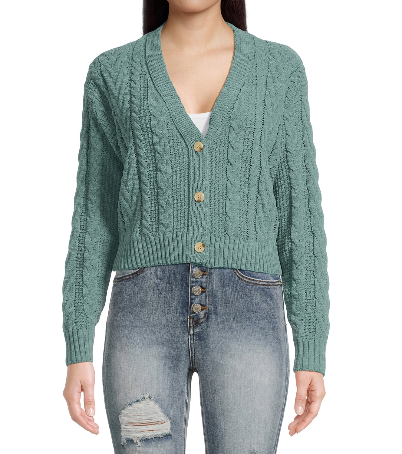 Juniors Button Front Cardigan Sweater with Long Drop Sleeves