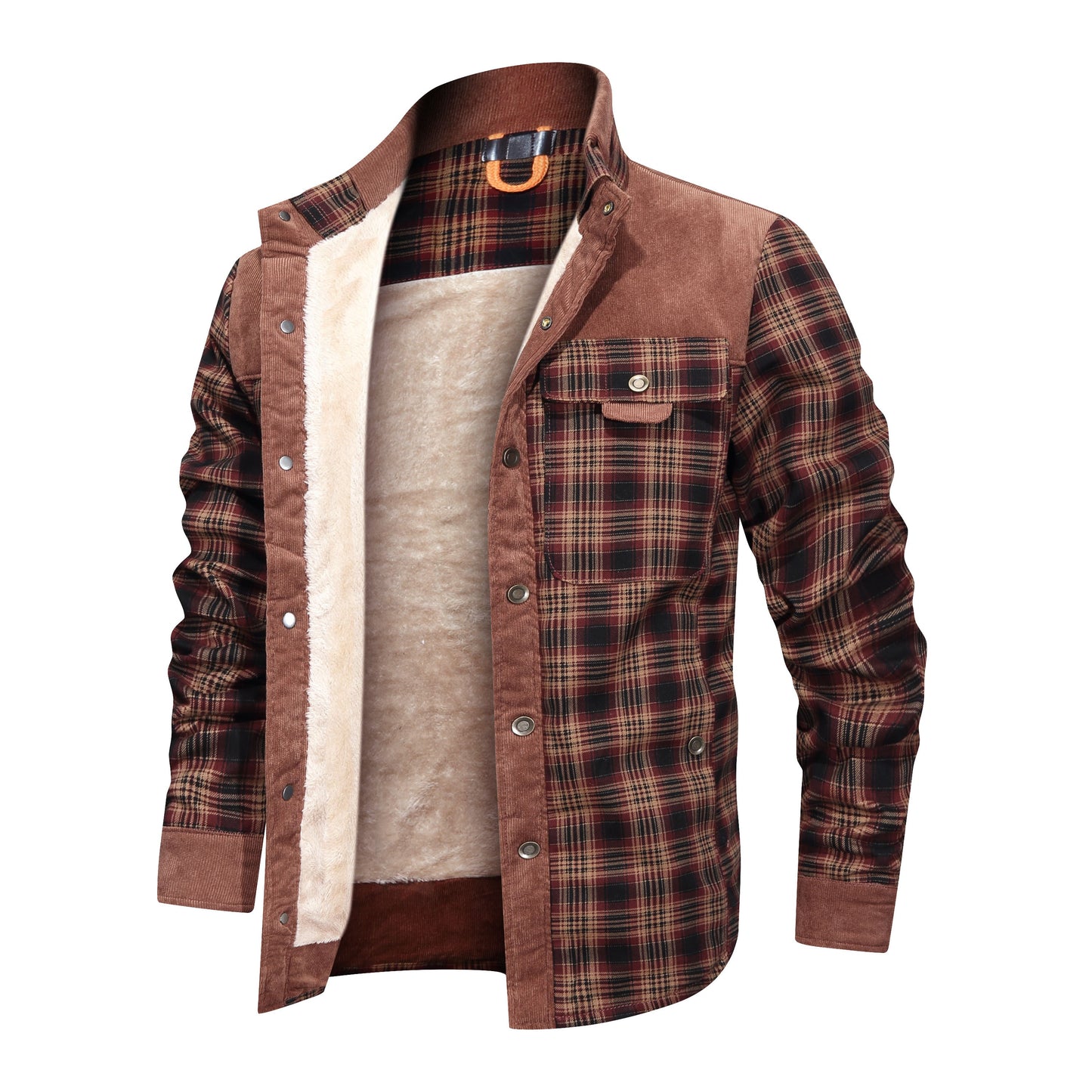 Thickened Shirt Jacket With Classic Plaid Fuzzy Fleece Lining Inside Design