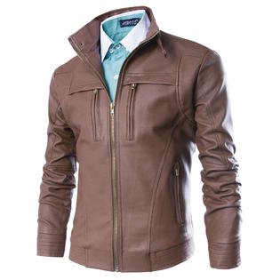 Men Collar Neck Solid Elegant Leather Jacket    C4396ZWJK