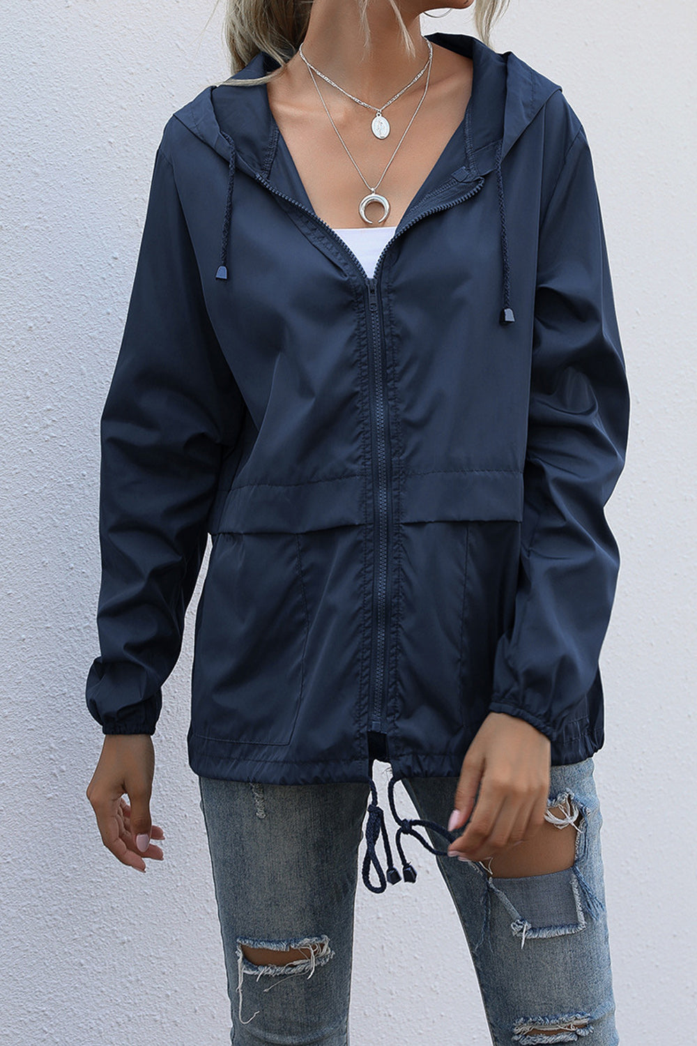 Women Awesome Zipper Closre Hooded Neck Raincoat Jacket - WJC23082