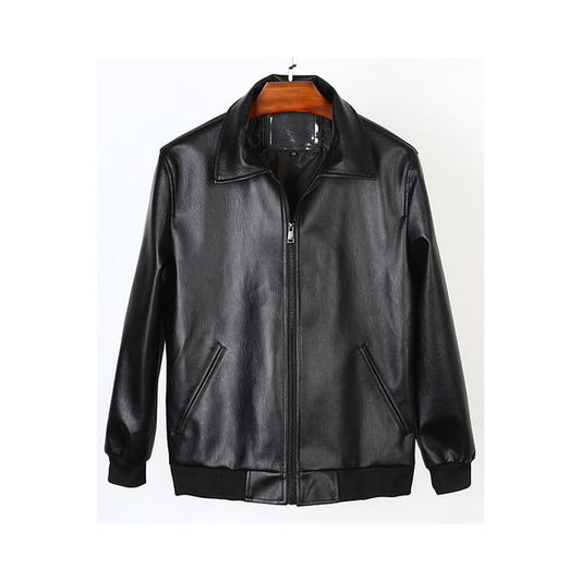 Men Thick & Warm Decent Solid Colored Collar Neck Pockets Styled Long Sleeve Zipper Closure PU Leather Jacket    MJC15386