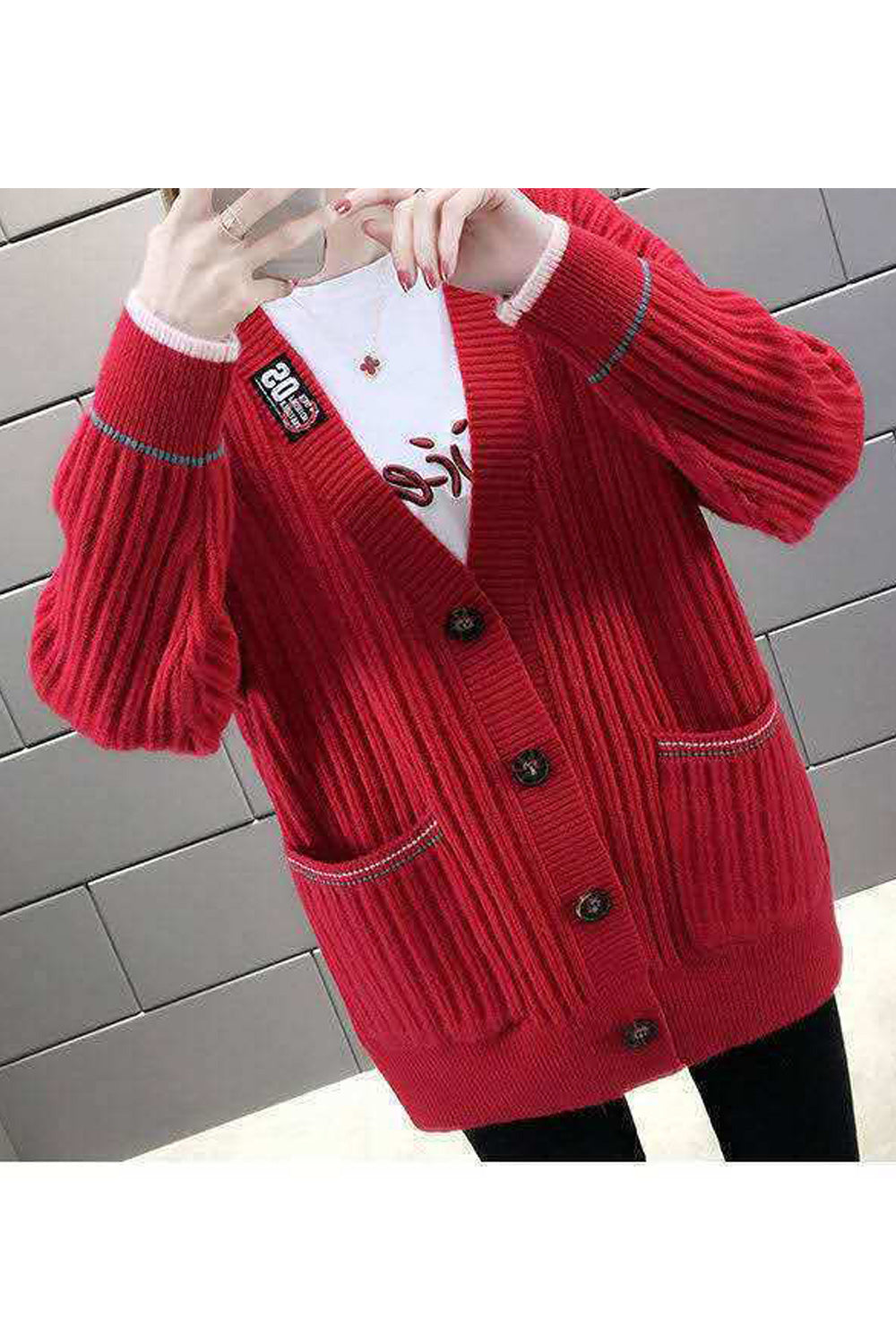 Women Knitted Ribbed Cuff V-Neck Button Closure Solid Pattern Weekend Cardigan - WC87199