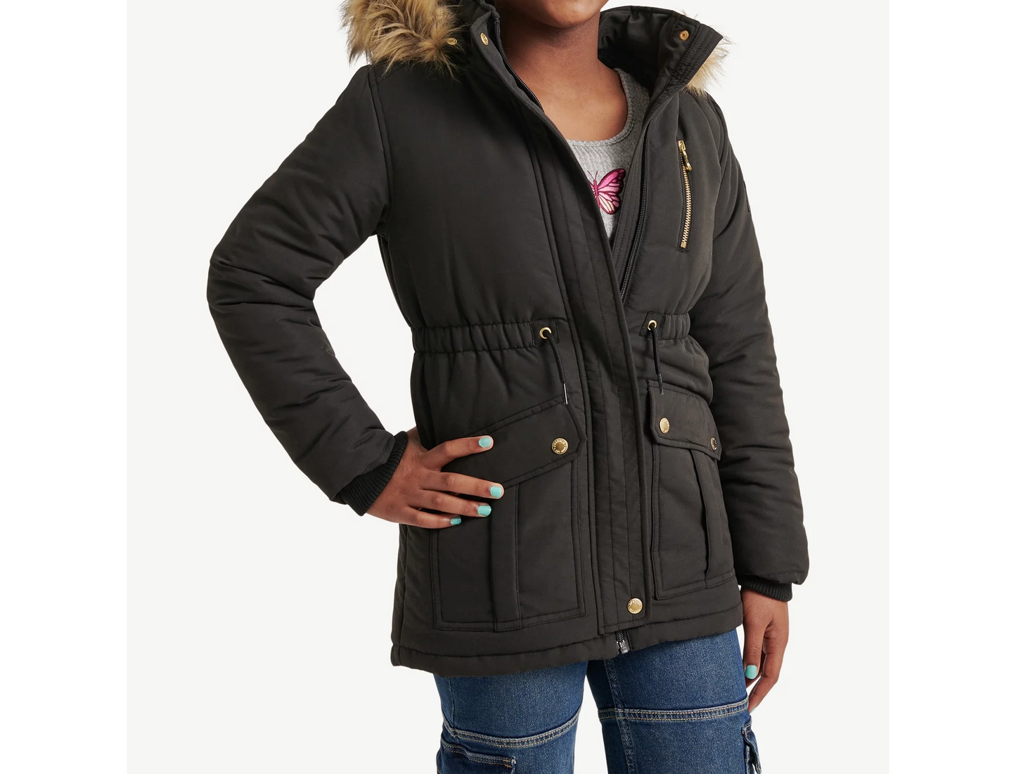 Girls Fashionable Front Zipper Padded Jacket with Hood