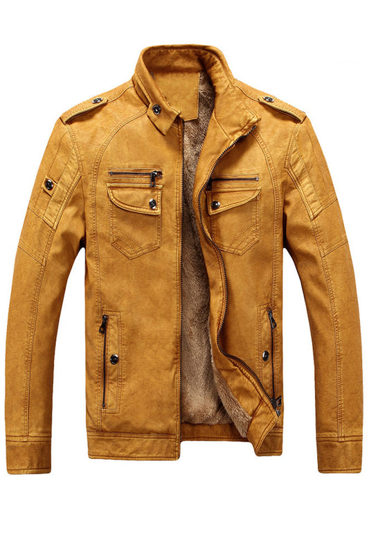 Men Fashionable Stand Collar Neck Flap & Side Pockets Leather Jacket - MLJ118204