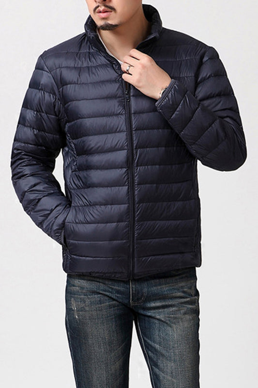 Men Casual Loops Design Long Sleeve Solid Pattern Zipper Closure Stand Collar Comfy & Warm Winter Padded Jacket - MPJ117579