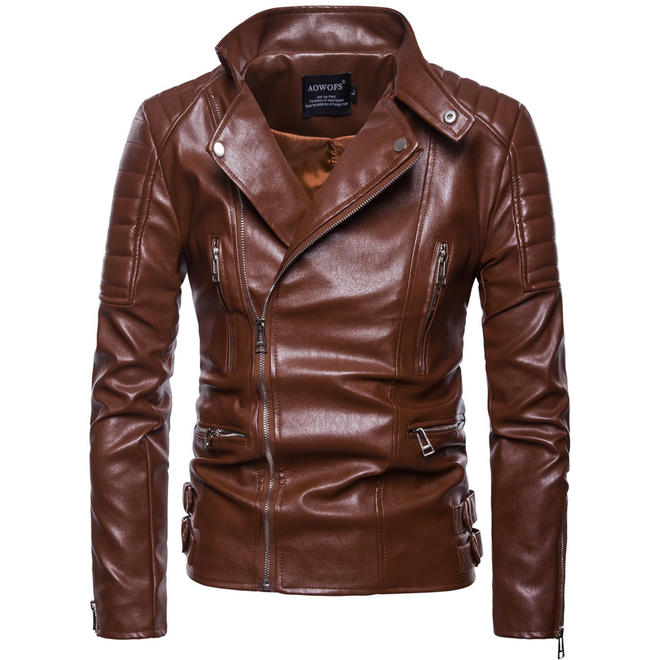 Men Fashion Multi Pockets Zipper Leather Jacket - C4350ZWJK