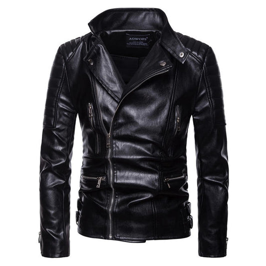 Men Fashion Multi Pockets Zipper Leather Jacket - C4350ZWJK