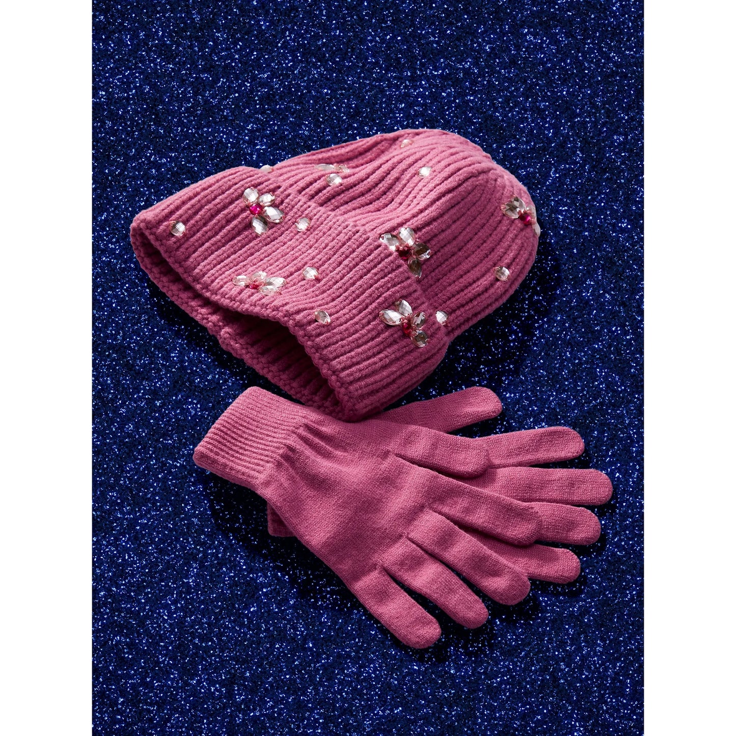 Women's Cuffed Beanie With Rhinestones And Magic Gloves, 2-Piece Gift Set Black - ZB052