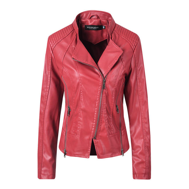 Women Collar Neck Warm Thick Solid Colored Long Sleeve PU Leather Jacket - WJC23260