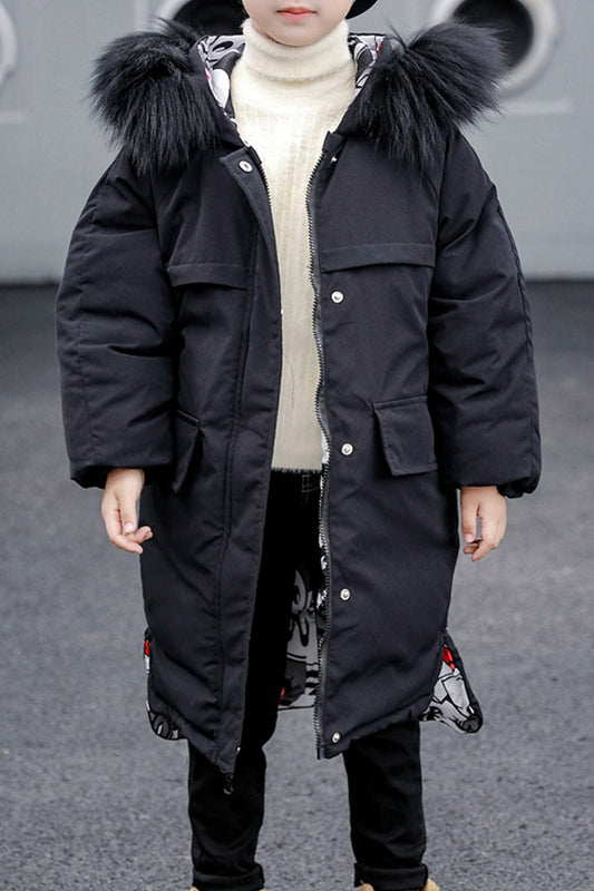 Kid Boys Reversible Fur Hooded Long Padded Jacket - KBPJ116580