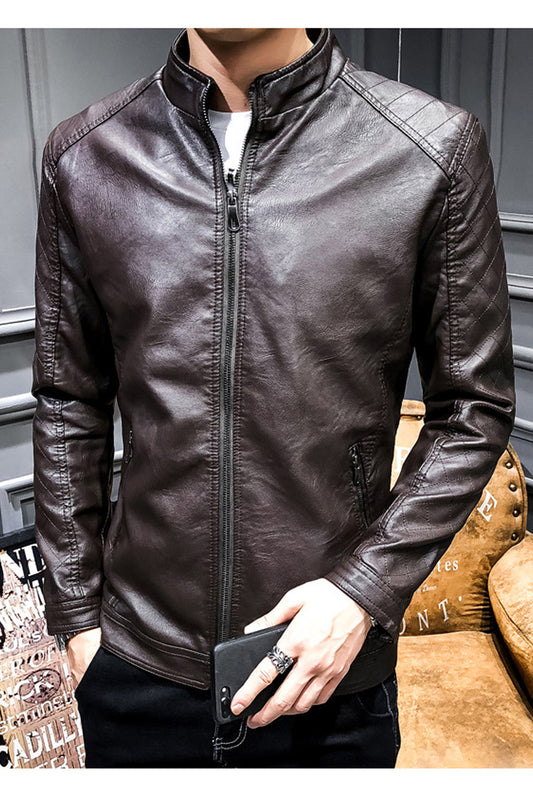 Men Small Collar Long Sleeves Leather Jacket - C3512ZWJK