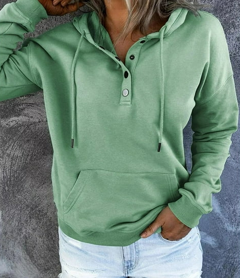 Womens Half Boutton Drawstring Sweatshirts Hooded With Pocket