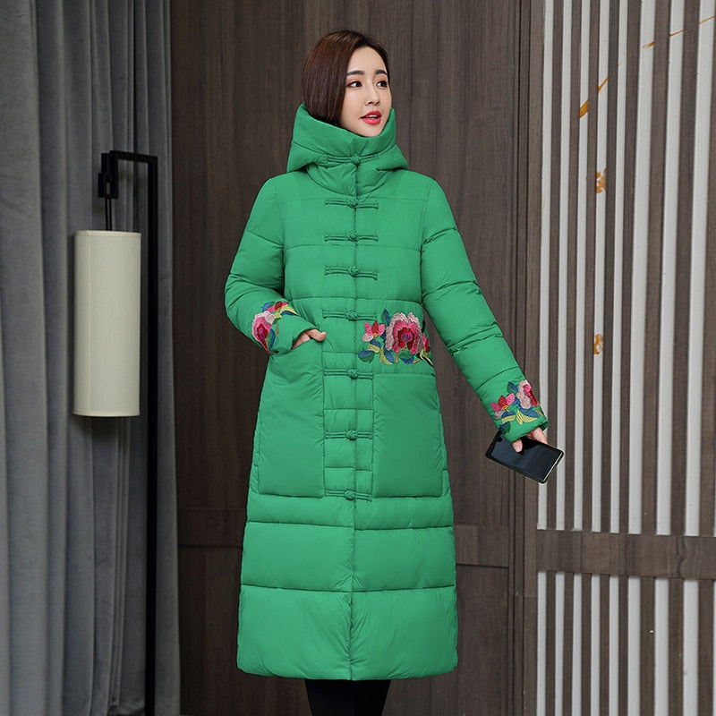 Women Floral Print Loose Winter Coat Hooded Stand Collar Single Breasted Thick Padded Jacket  - WPJ3007