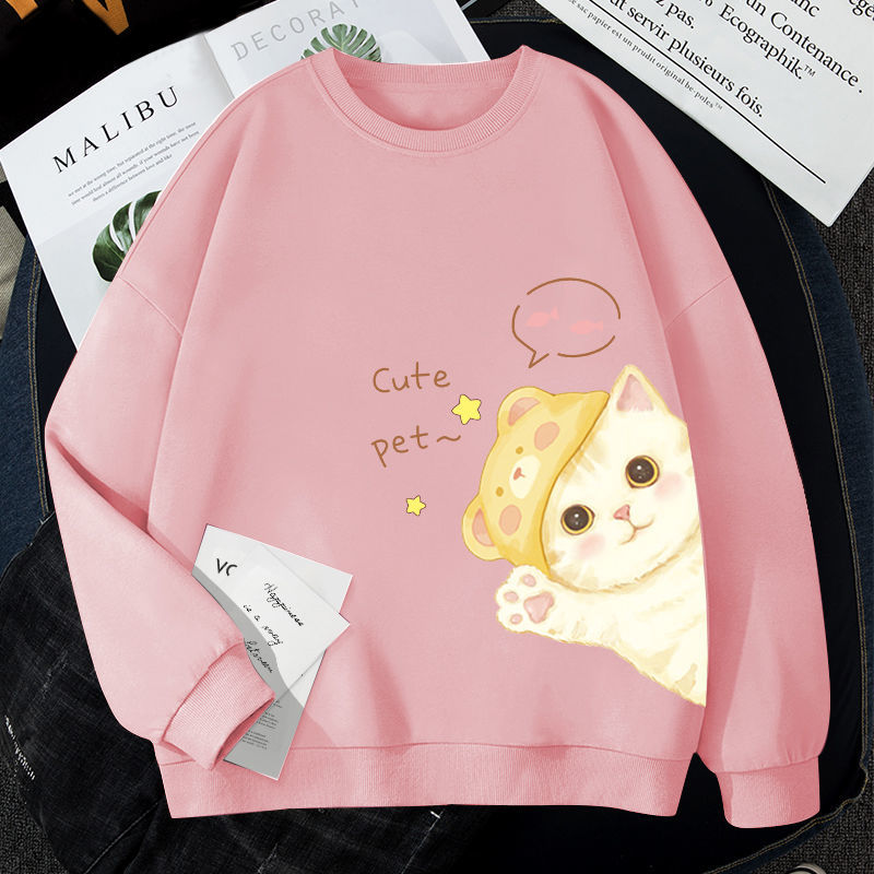 Women Spring Hat Cat Print Sweatshirt  Autumn Loose Lovers Long Sleeved Pullover Top - WS2231