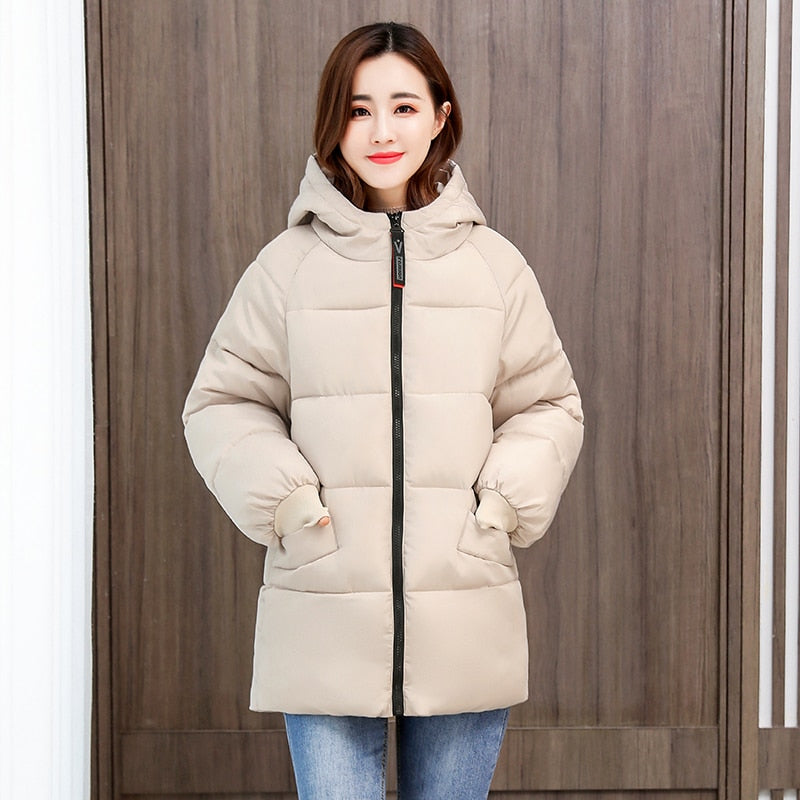 Women Winter Long With Zipper Hooded Solid Jacket Loose Cotton Padded Casual Thick Coat - WPJ3005