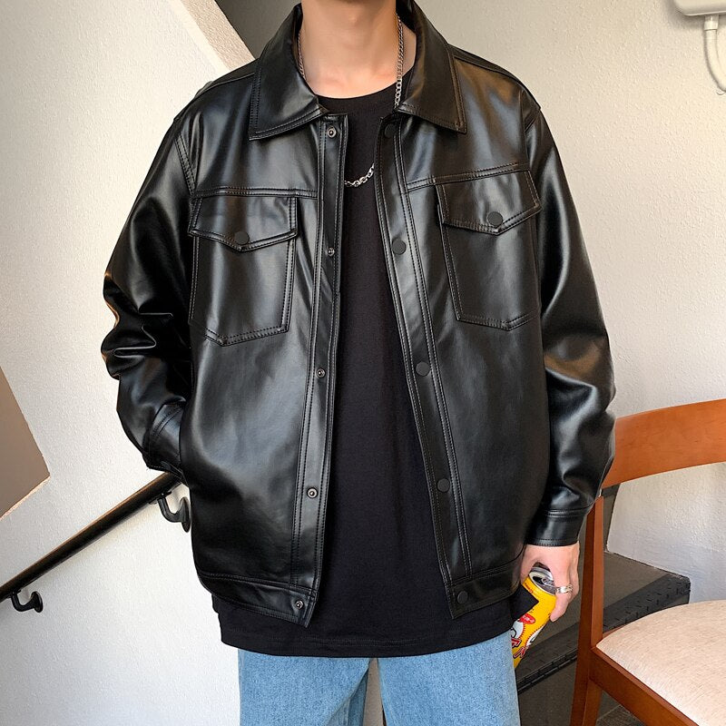 Men Loose Soft Leather Jacket Single Breasted Casual Biker Jacket Leather - MLJ2675