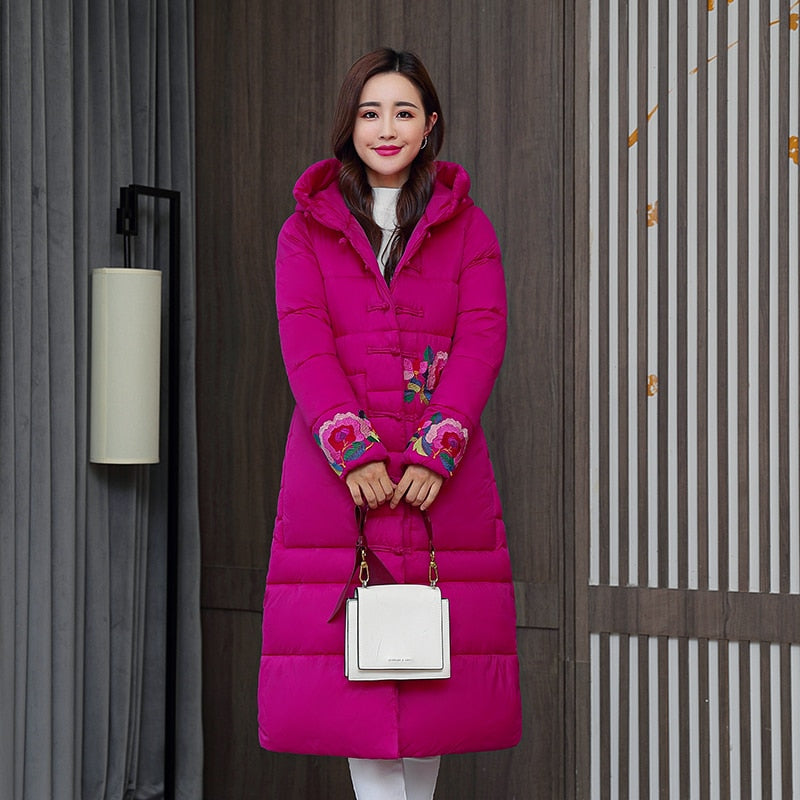 Women Floral Print Loose Winter Coat Hooded Stand Collar Single Breasted Thick Padded Jacket  - WPJ3007
