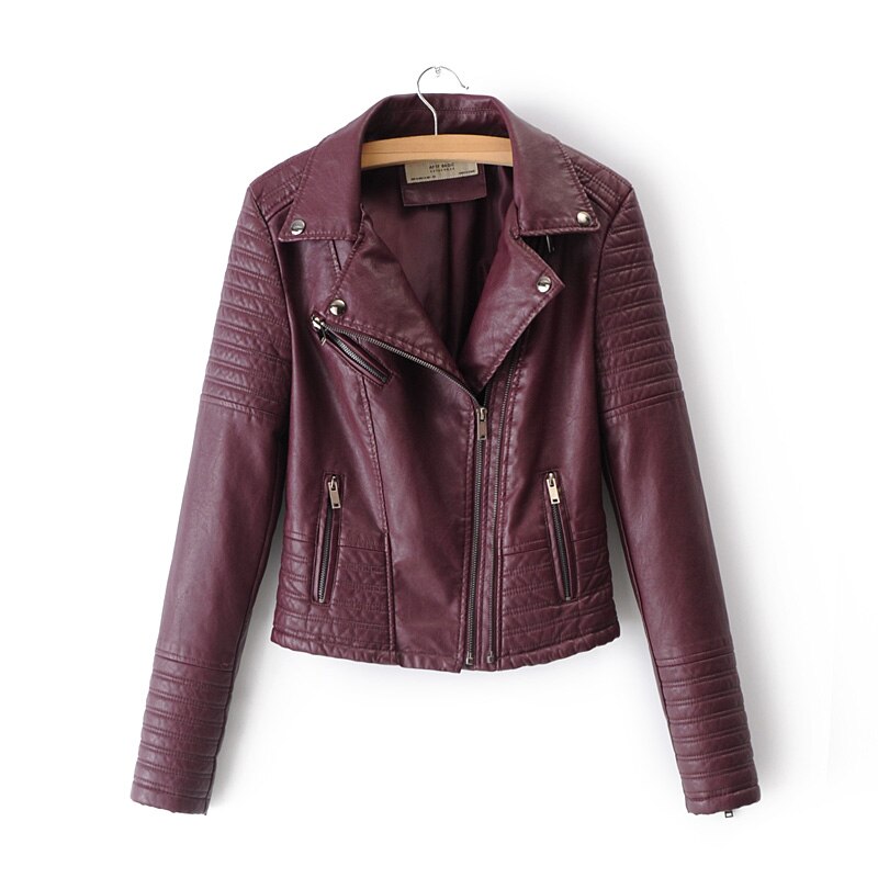 Women Smooth Faux Leather Jackets Long Sleeve Autumn Winter Biker Streetwear Coat - WJK2594