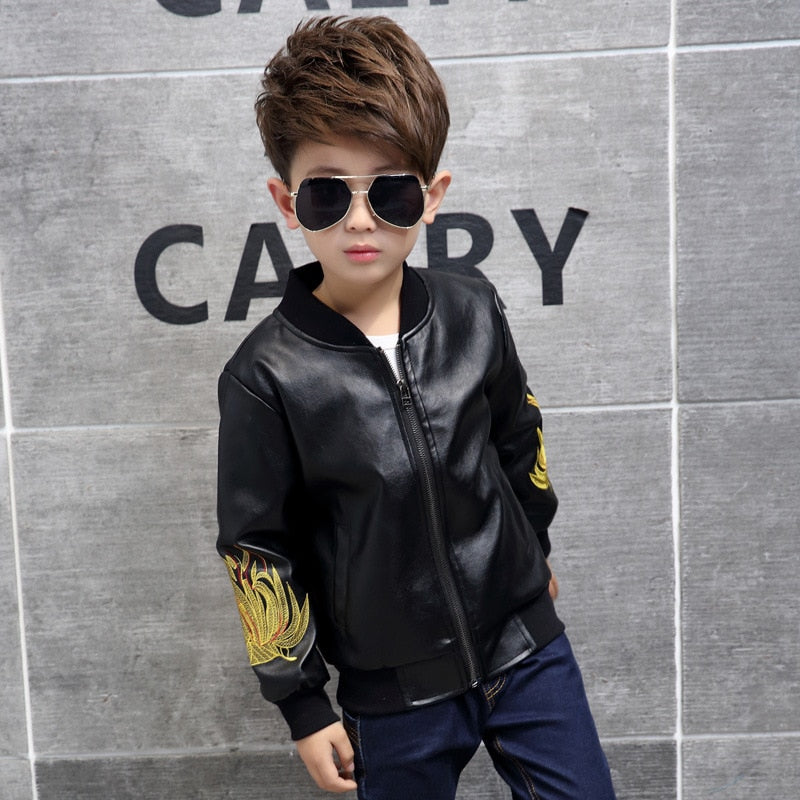 Kid Winter Child Coat Fur Padded Embroidery Boys Leather Jackets Children Outfits For 3-14 Years - KBLJ2732