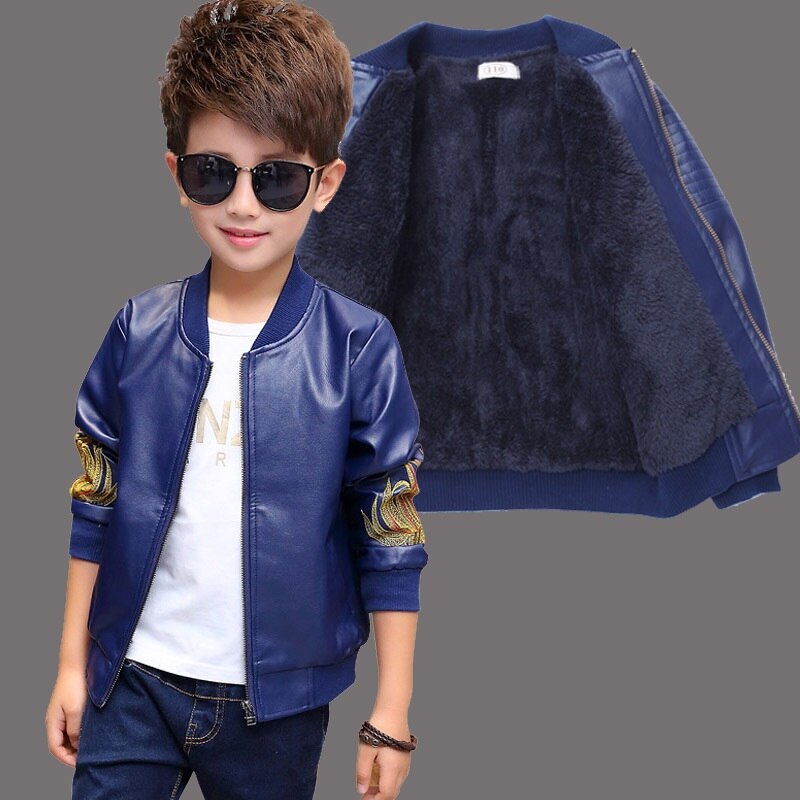 Kid Winter Child Coat Fur Padded Embroidery Boys Leather Jackets Children Outfits For 3-14 Years - KBLJ2732