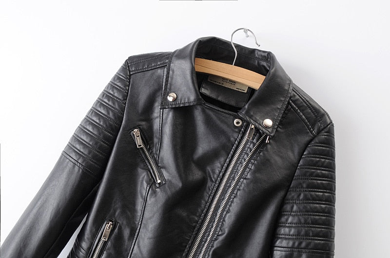 Women Smooth Faux Leather Jackets Long Sleeve Autumn Winter Biker Streetwear Coat - WJK2594