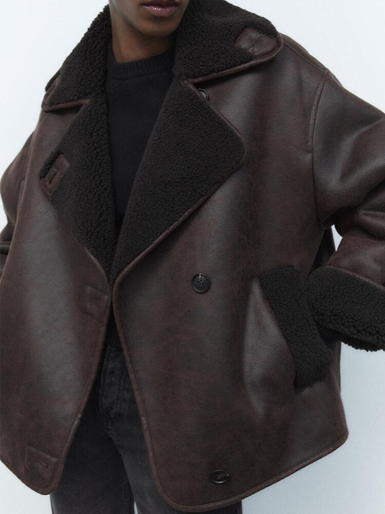 Women Winter Motorcycle Jacket Streetwear Single Breasted Faux Lamb Leather Coat Loose Thick Outwear - WJK2578