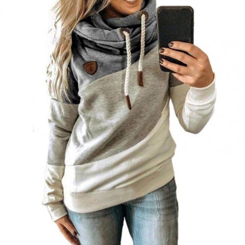Women Casual Hoodies Color Block Patchwork Autumn Winter Long Sleeve Drawstring Hooded Top Streetwear - WH2150