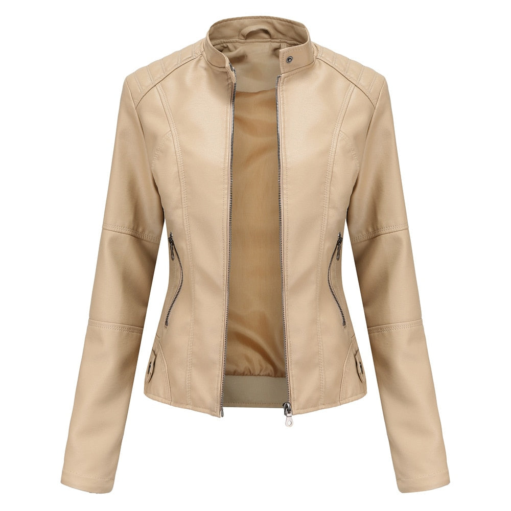 Women Leather Jacket Autumn Spring Zipper Jacket Coat Ladies Outerwear - WJK2609