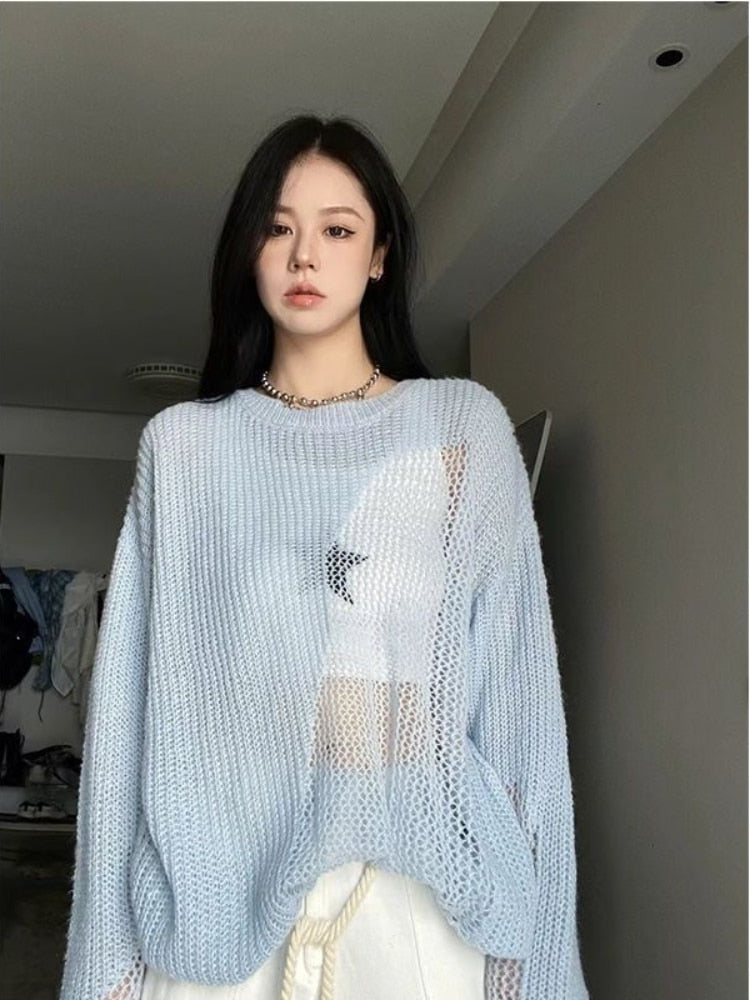 Women Knitted Jumper Lazy Wind Loose Casual Pullover Thin Vintage - WS2212