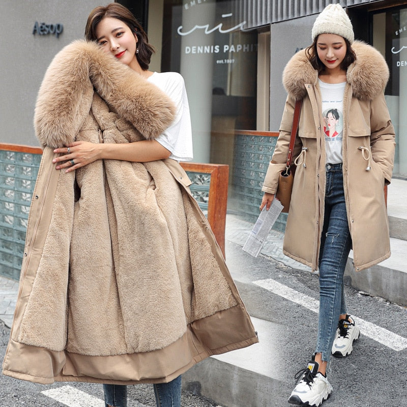Women Winter Cotton Fur Collar Plus Fleece Coat Solid Color Down Cotton Jacket for Women - WPJ3042