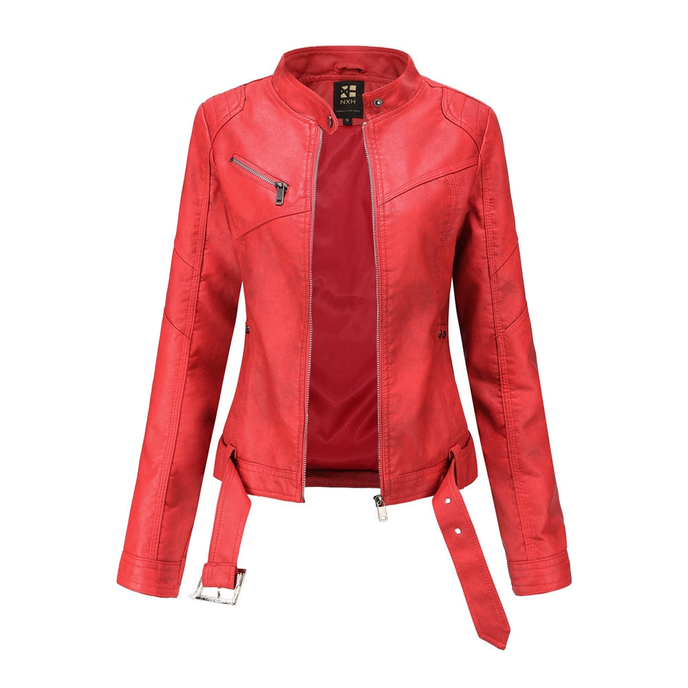 Women Leather Jacket Stand Collar Fashion Belt Zipper Decoration Jackets - WJK2613