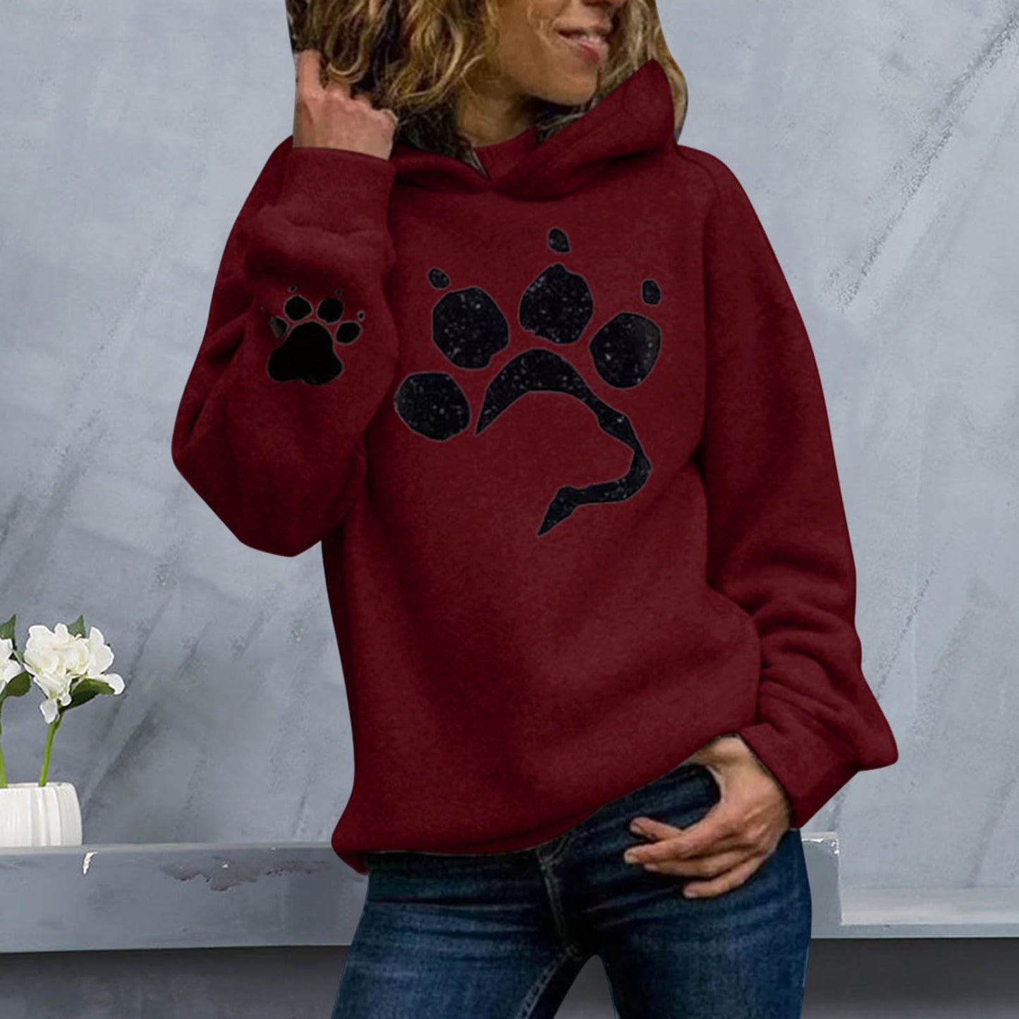 Women Hoodies Cartoon Dog Paw Print Long Sleeve Pullover Hooded - WH2148
