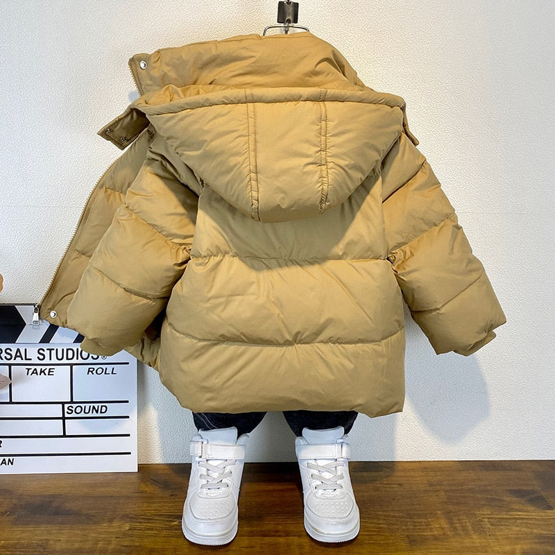 Kid Boys Girls Children Winter Cotton Padded Hooded Coats Mid-length Thickened Warm Jackets Casual Padded Outwear - KBPJ3103