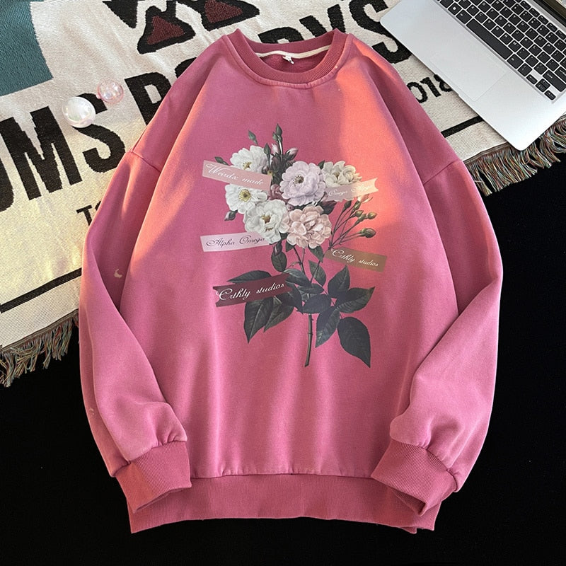 Women Sweatshirts American Couple's Jumper High Street Flower Graphic Women Fashion Hoodie - WS2314