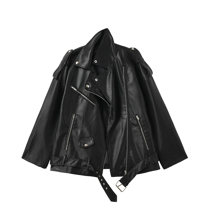 Women Pu Faux Leather Jacket Loose Casual Coat Female Motorcycle Locomotive Outwear with Belt - WJK2643