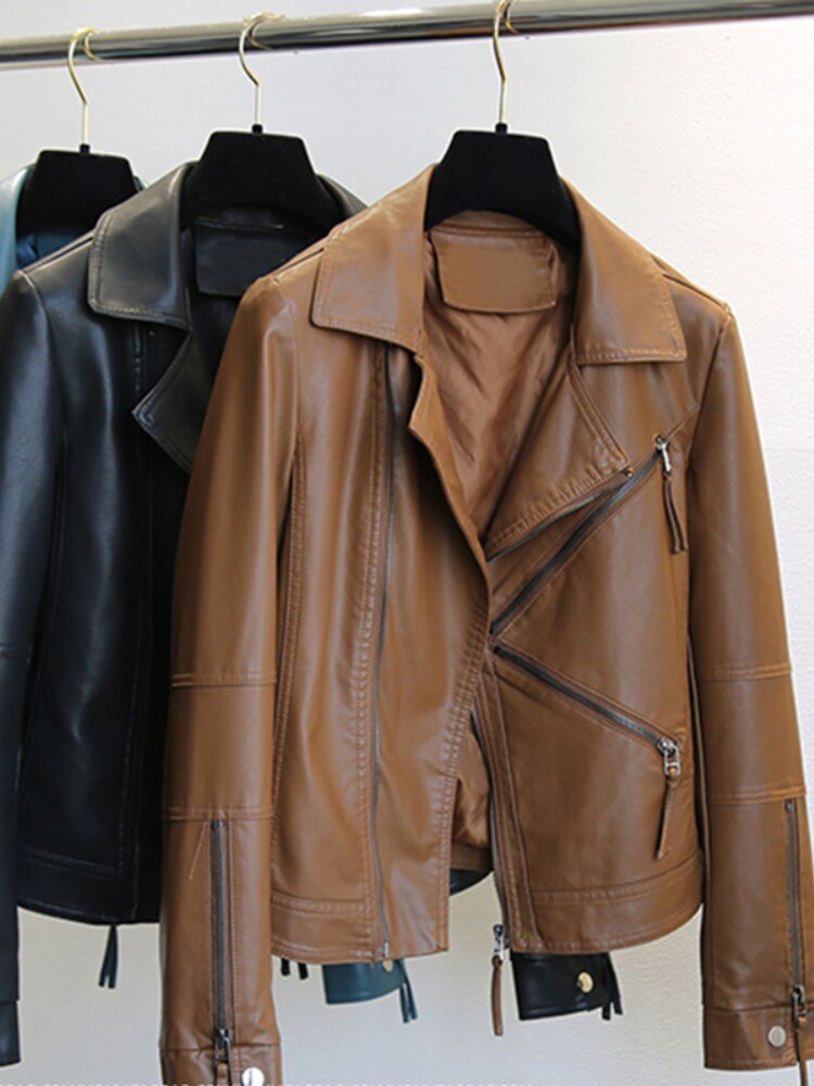 Women Faux Leather Jacket Coats Casual Street Wear Zipper PU Basic Outwear -WJK2577