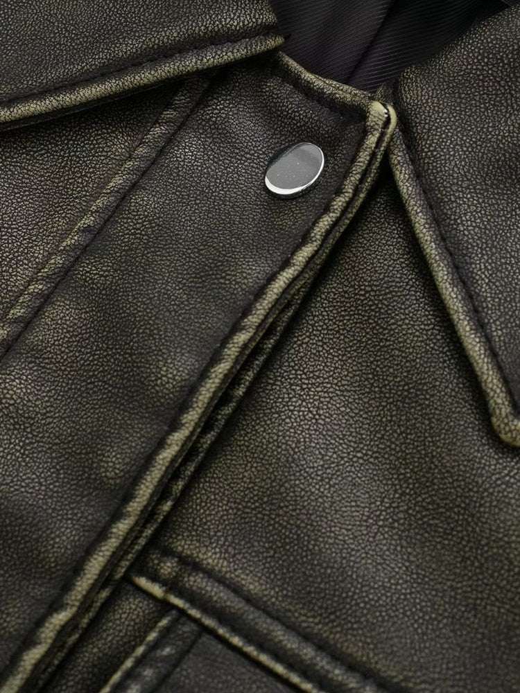 Women Vintage Pu Short Coat Lady High Street Lapel Single Breasted Faux Leather Jacket - WJK2581
