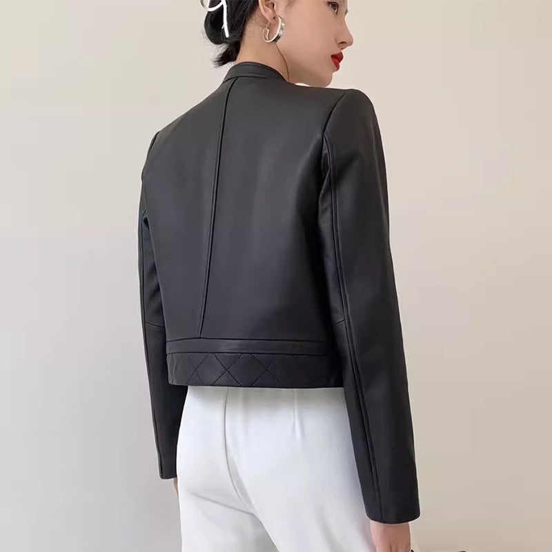 Women Black Genuine Leather Jacket Spring Autumn Slim Stand Collar Real Sheepskin Coat Jackets - WJK2596