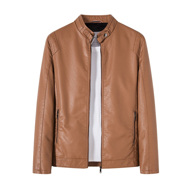 Mens Fashion Plus Velvet Leather Jacket Slim Fit Stand Collar PU Jacket - MLJ2720
