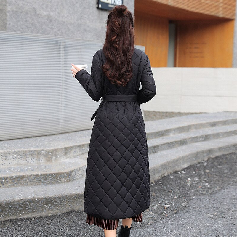 Woman Jacket Padded Belted Space Cotton Diamond Plaid Coat Over Knee Thin Long Overcoat - WPJ3049