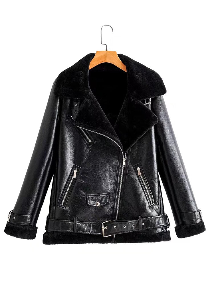 Women Loose Black Pu Faux Leather Coat with Belt Zipper Thick Warm Jacket Outwear - WJK2618