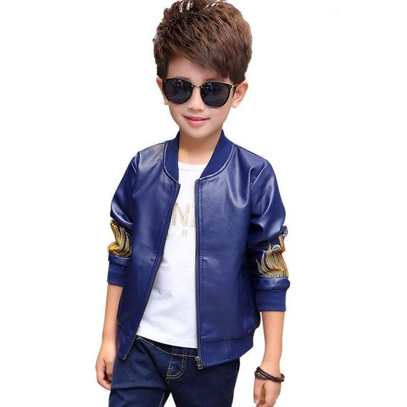Kid Boys Embroidery Leather Jackets Child Coat Children Outfits For Spring Autumn 3-14 Years - KBLJ2735