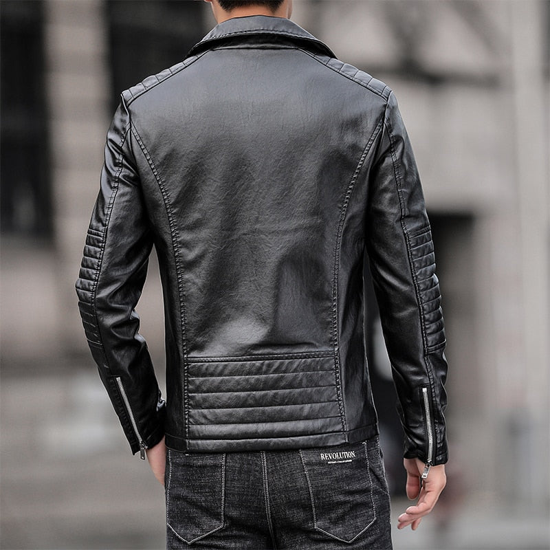Mens Leather Jacket Slim Fit Stand Collar PU Jacket Male Anti-wind Motorcycle Zipper Faux Leather Jackets - MLJ2724