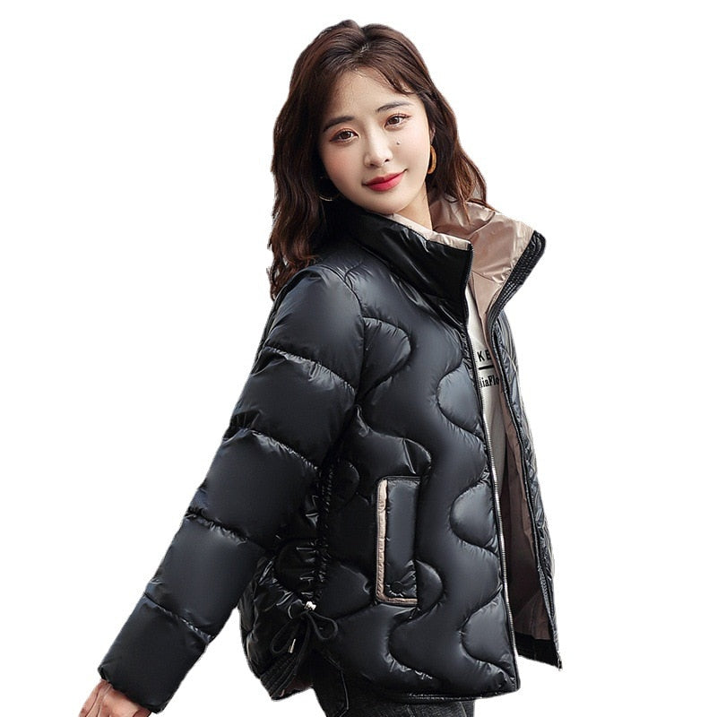 Women Jacket Coat Stand Collar Shiny Down Cotton Jacket Thicke Warm Short Cotton Clothes Female Overcoat - WPJ3047