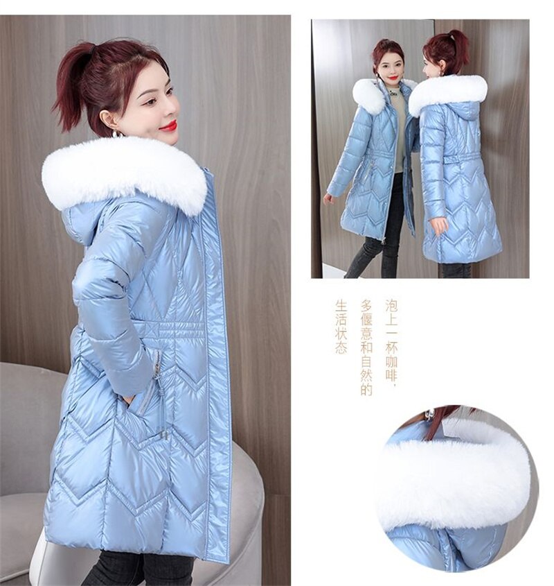 Women Padded Big Fur Collar Hooded Thick Warm Long Casual Outwear Glossy Down Cotton Jacket - WPJ3052