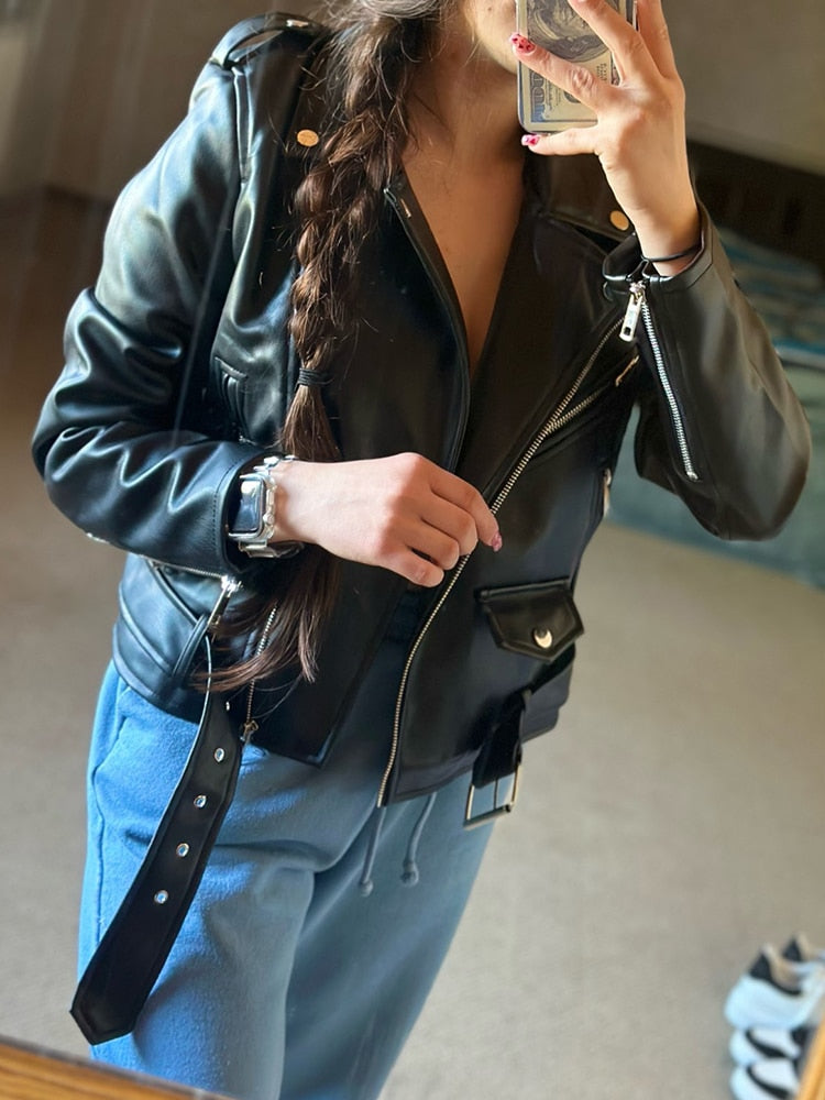 Women Slim Fit Black Pu Faux Leather Jacket with Belt Spring Female Zipper Coat Outwear - WJK2632