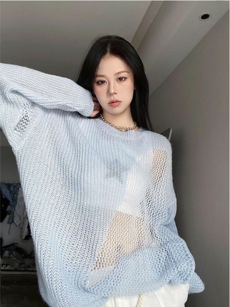 Women Knitted Jumper Lazy Wind Loose Casual Pullover Thin Vintage - WS2212