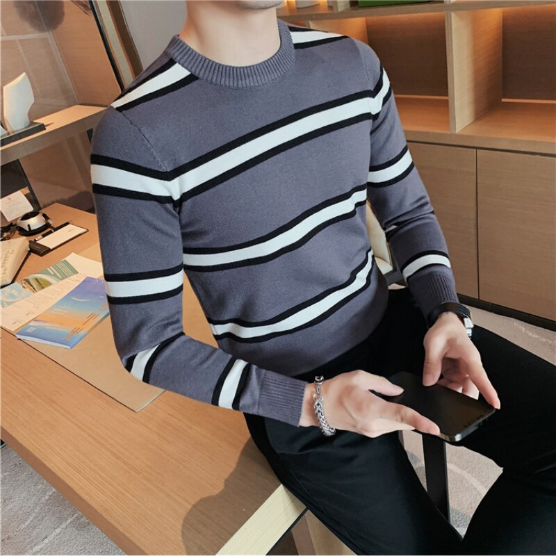 Men Casual Sweaters Slim Fit Stripe Knitting jumpers Long Sleeve Round Collar - MSS2335