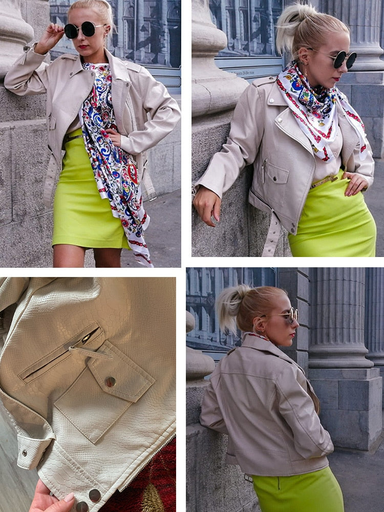 Women Faux Leather Jacket Slim Streetwear Khaki Jacket with Belt Female Outerwear - WJK2588